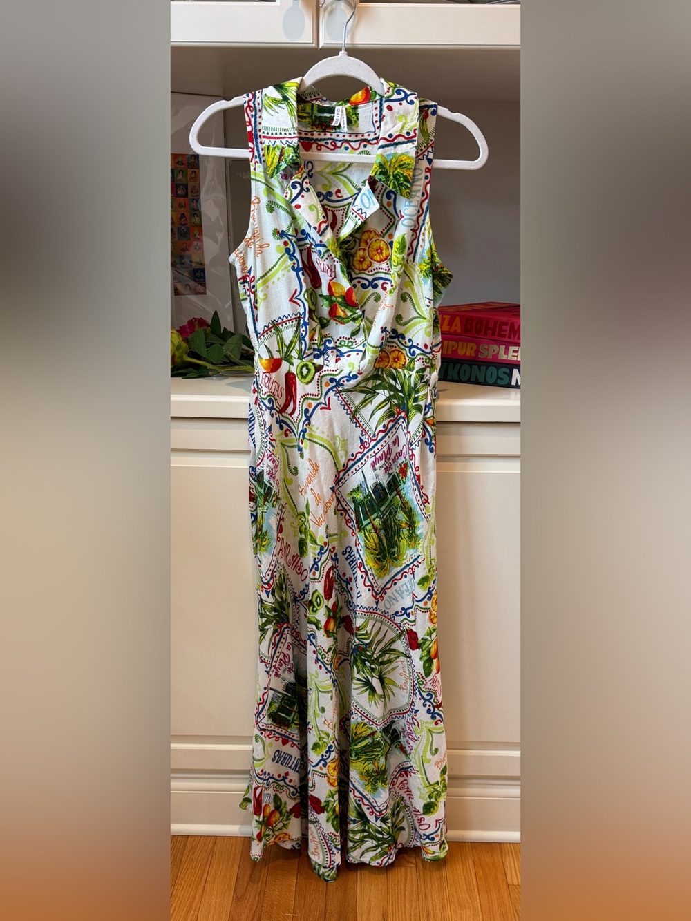 TRULY 4 YOU Fruit Postcard Print Sleeveless Maxi Dress M Tropical Resort